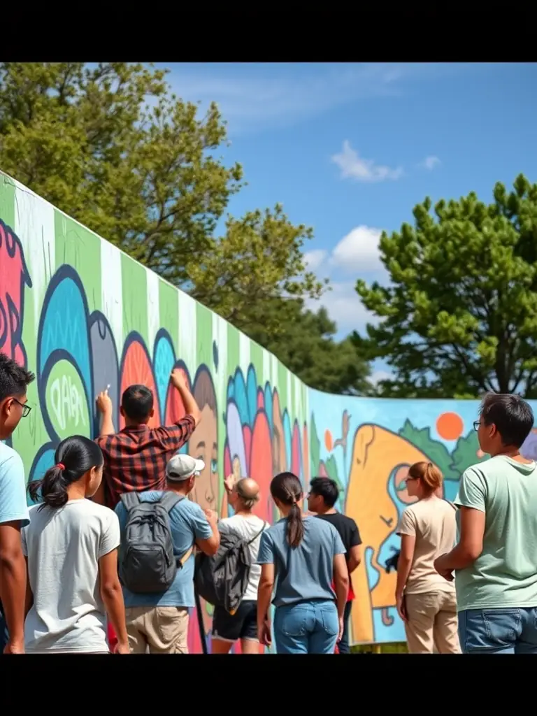 A vibrant scene of community members collaborating on a large-scale mural project, adding color and artistic flair to a public space.