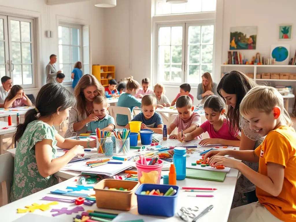 A vibrant photograph capturing participants actively engaged in an art workshop at FRAC, showcasing hands-on learning and creative interaction.