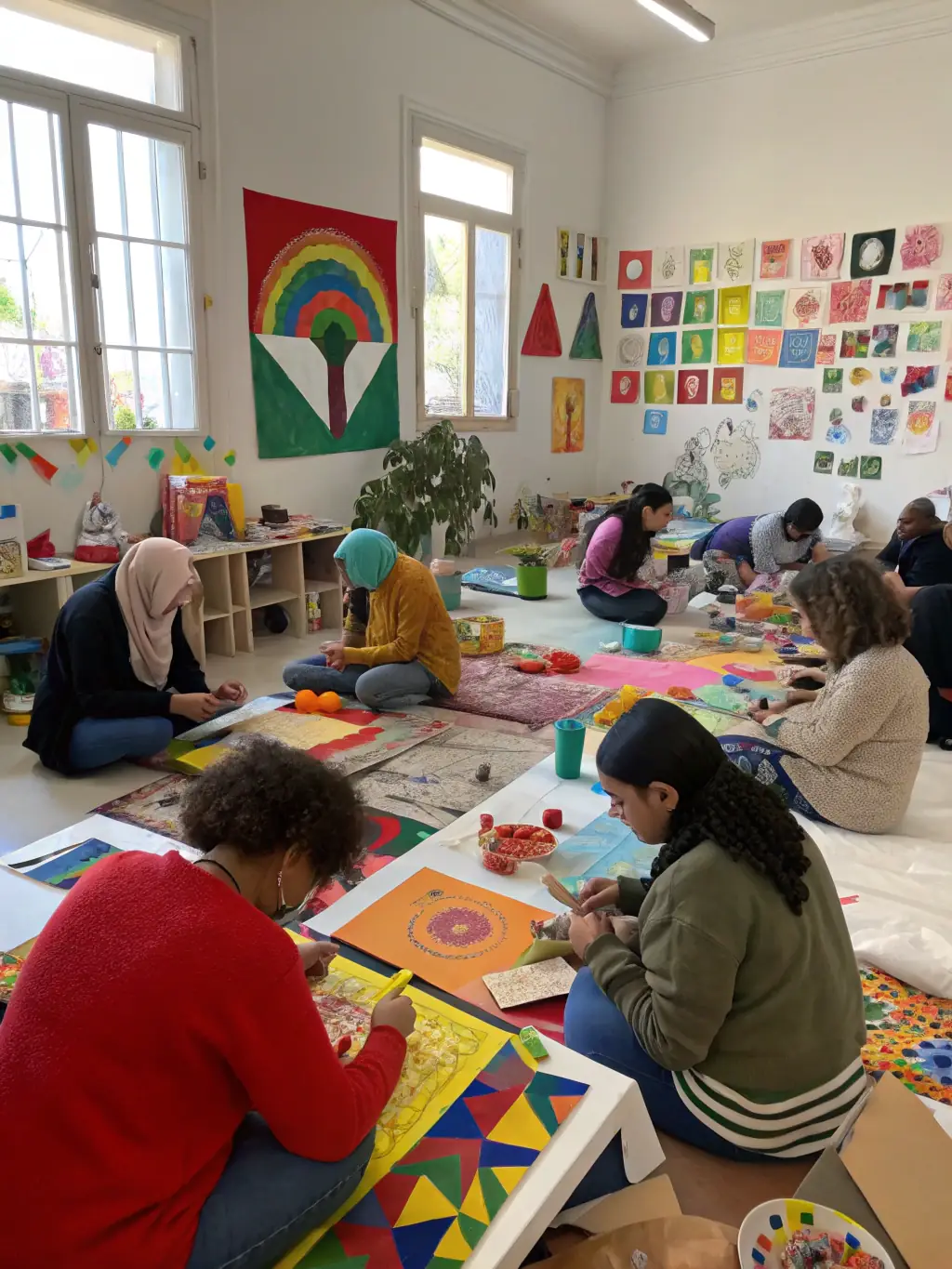 A group of participants actively engaged in a hands-on art workshop, learning new techniques and creating their own unique pieces under the guidance of an instructor.
