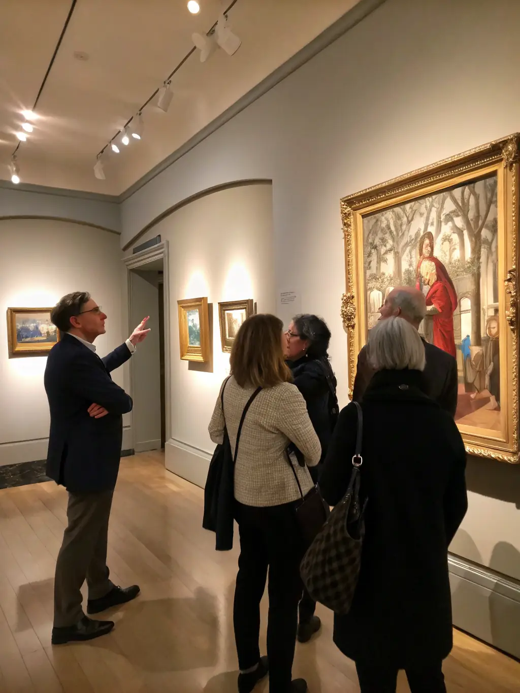 A photograph of a guided tour through the FRAC collection, with a knowledgeable guide explaining the history and significance of the artworks to an attentive audience.