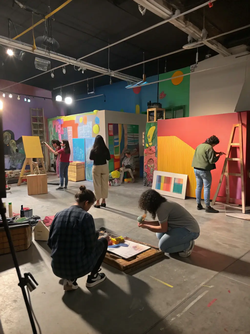 A photograph of a group of students participating in an art workshop at FRAC, focused on painting and creative expression.