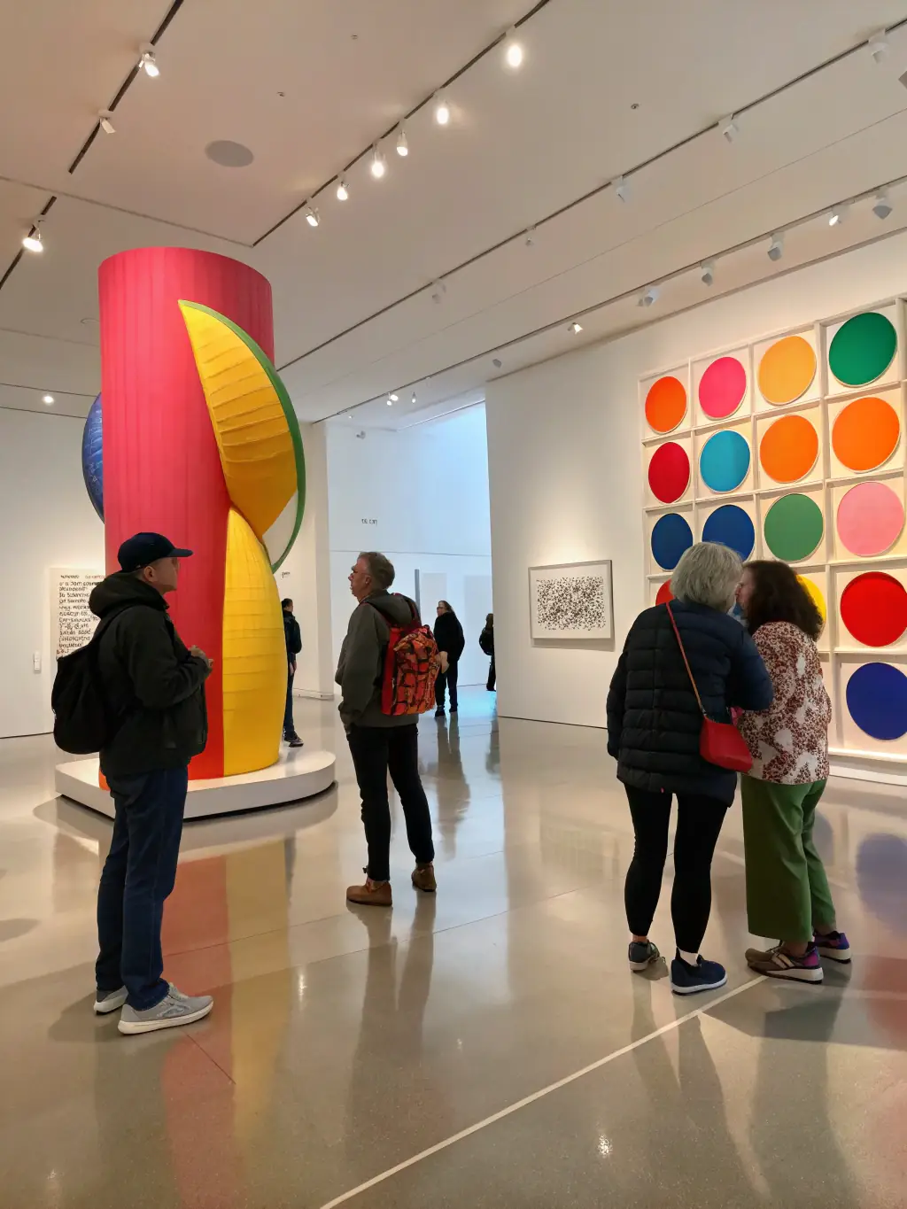 A photograph of a guided tour at FRAC, with a docent explaining the context and meaning of a specific artwork to visitors.