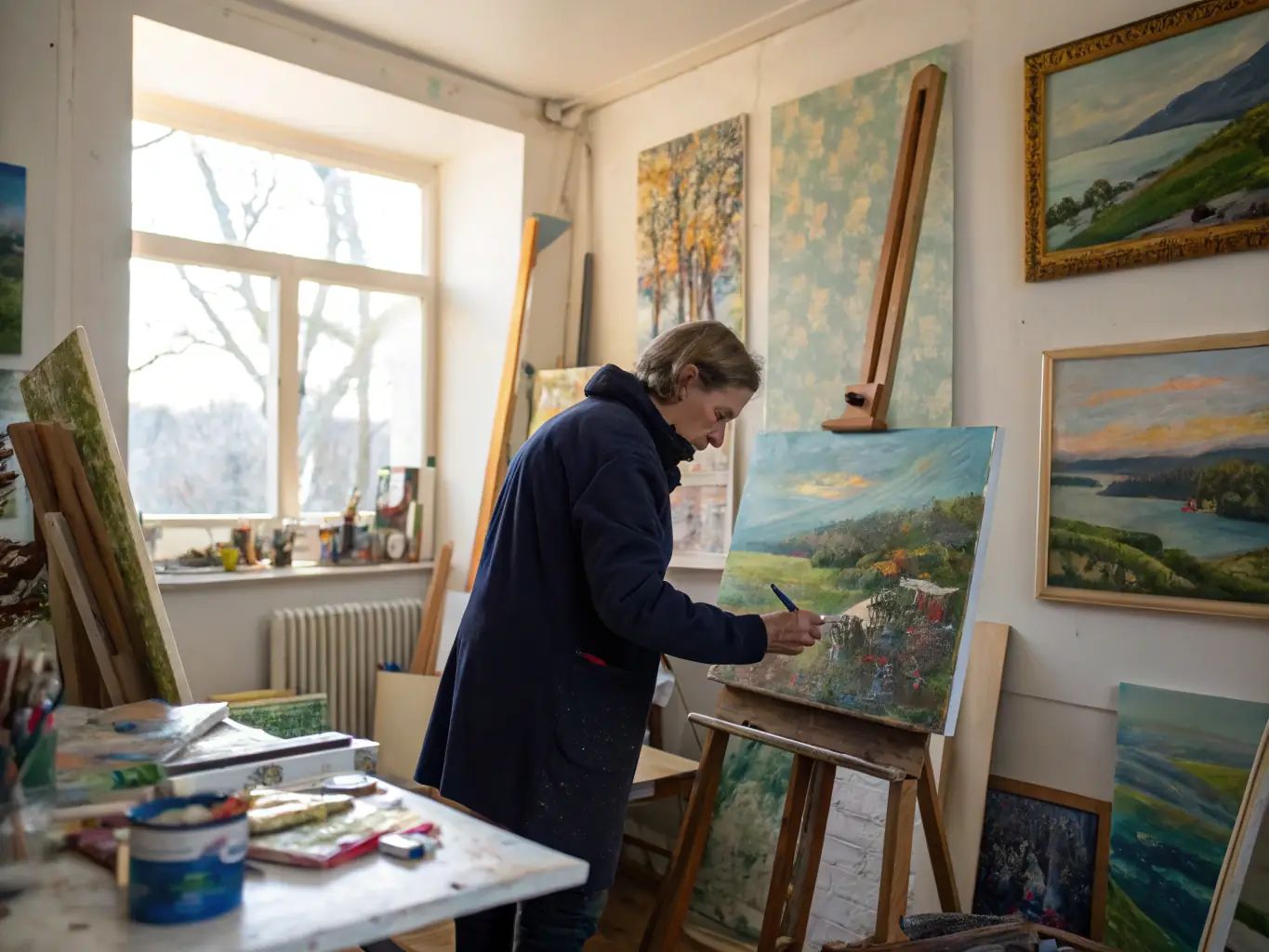 A photograph of an artist in residence working in their studio at FRAC, surrounded by their artwork and creative tools.