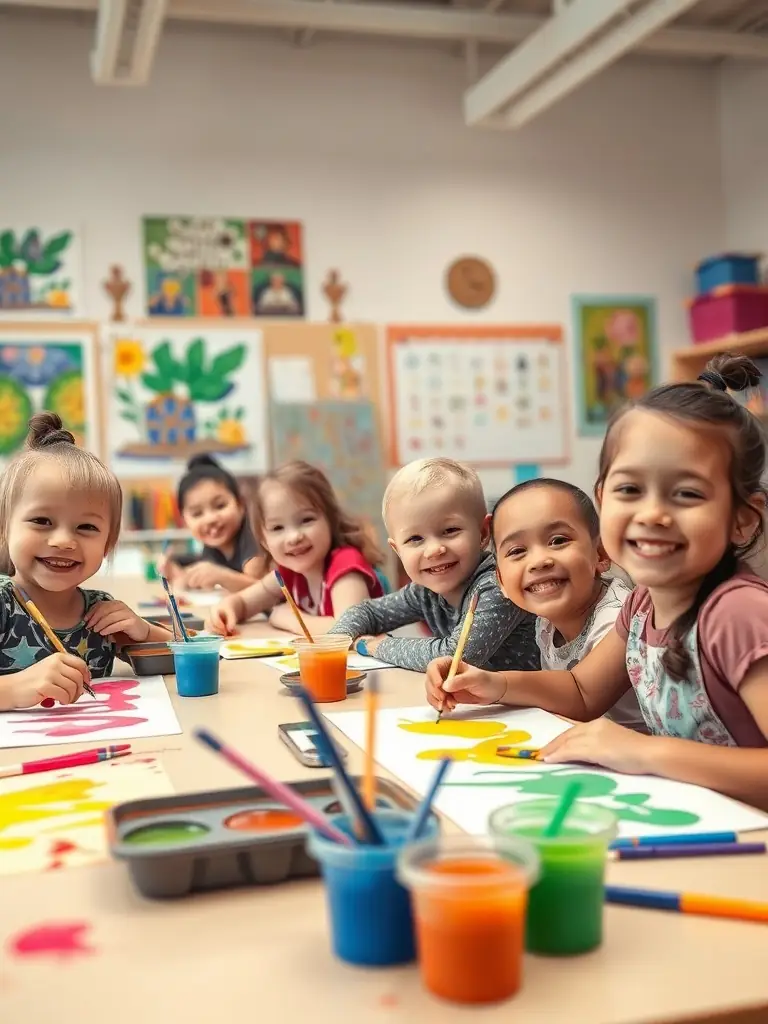 A photograph capturing a group of students actively participating in an art workshop at FRAC, showcasing hands-on learning and creative exploration.