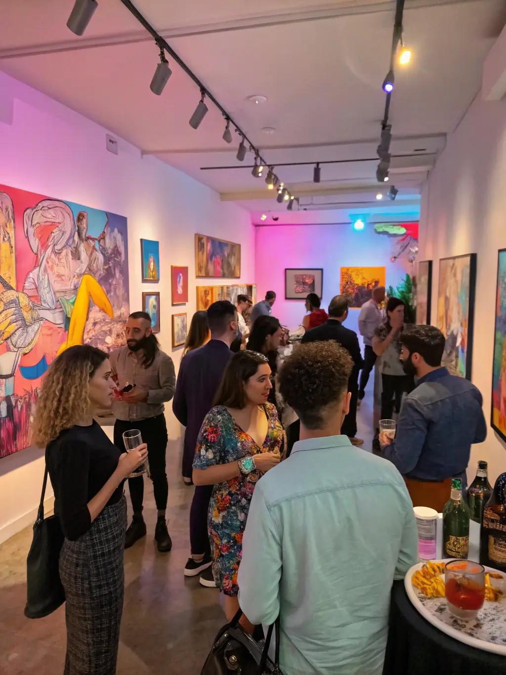 A photograph capturing an exhibition opening at FRAC, showcasing a diverse collection of contemporary artworks and attendees.