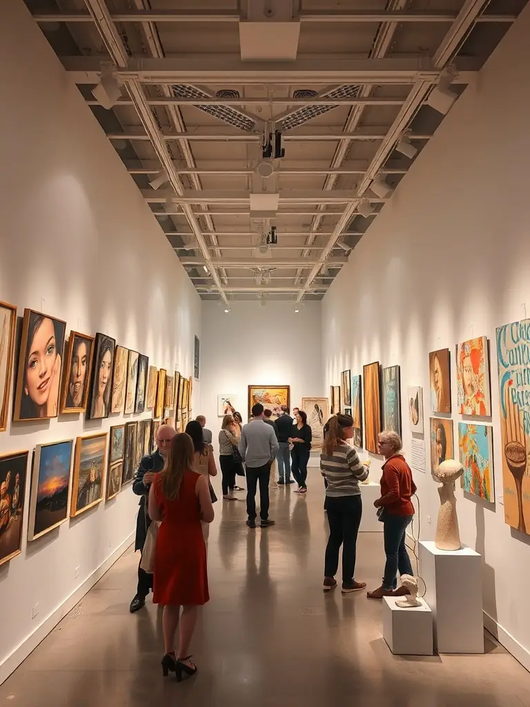 A brightly lit gallery space showcasing a diverse collection of contemporary paintings and sculptures, with visitors of various ages engaging with the artwork.