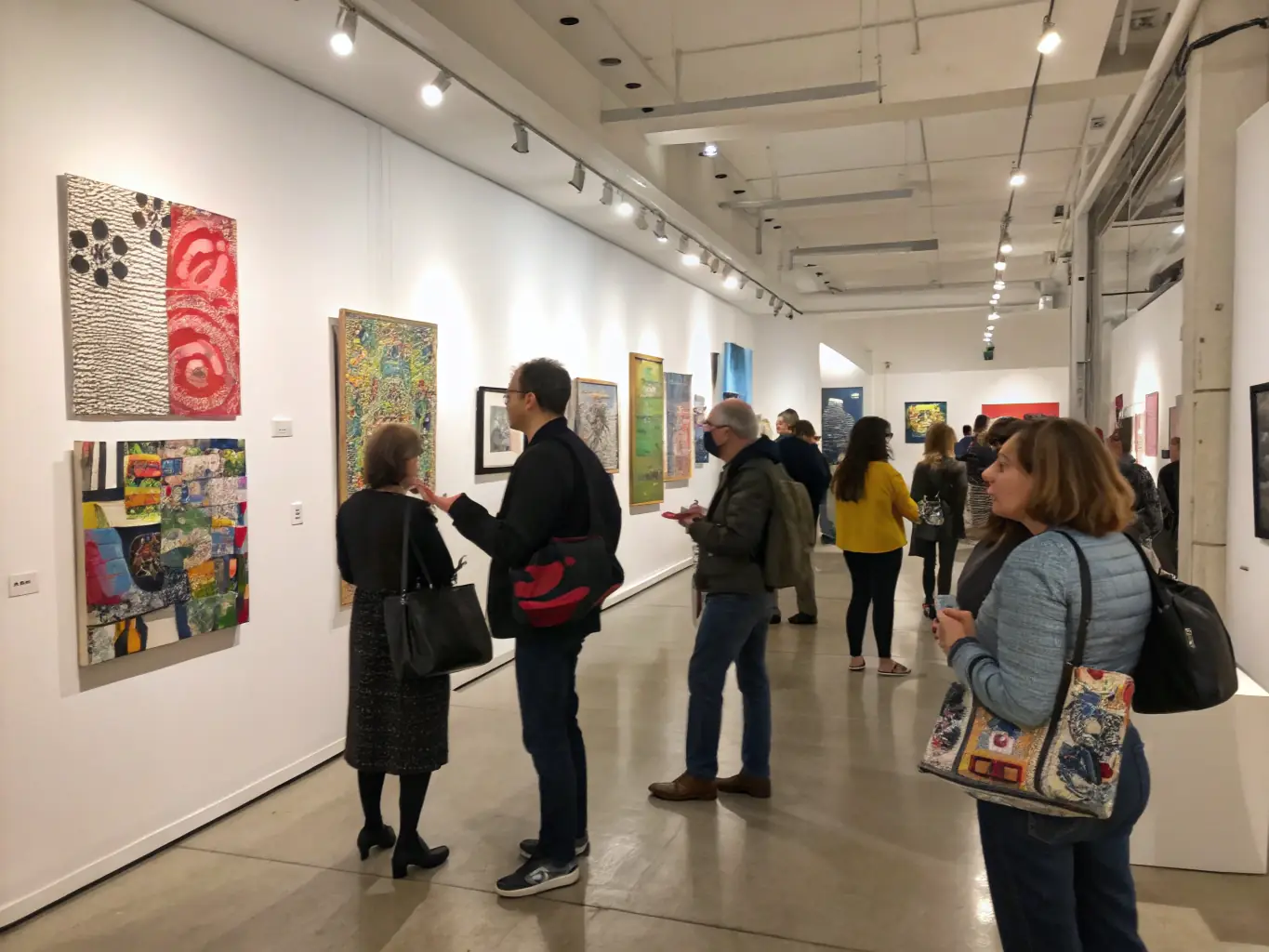 A photograph of a well-attended public art exhibition at FRAC, showcasing a diverse range of contemporary artworks.